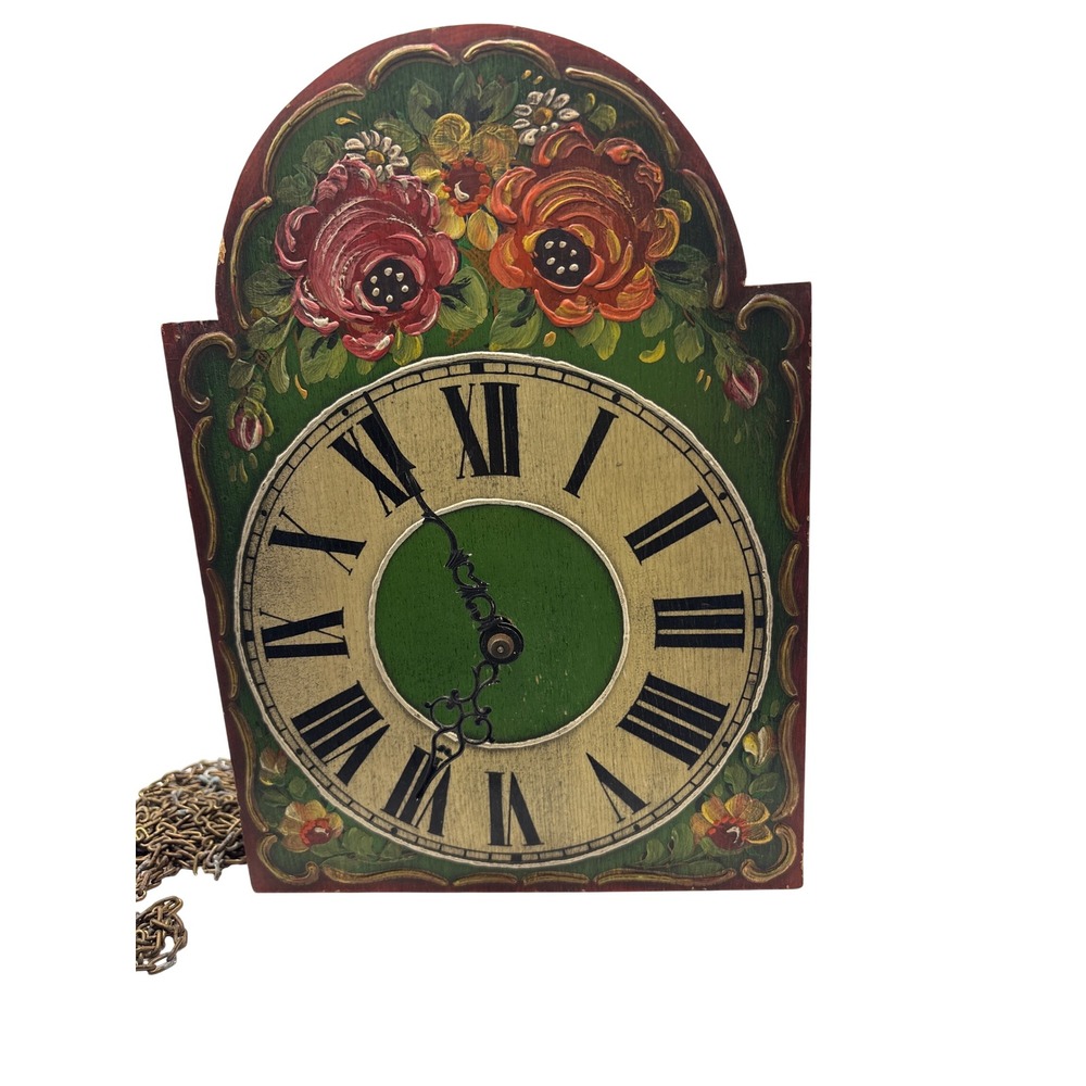 Vintage Hand Painted Wood Wall Clock Folk Art Floral Roman Numeral Bell Chime